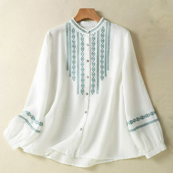 TYGHBN Women's Spring New Retro Ethnic Style Temperament Embroidery Loose and Comfortable Slim Long Sleeved Shirt Top Womens Workout Womens Long Sleeve Tees Womens Workout Tops Loose Fit Short Pack