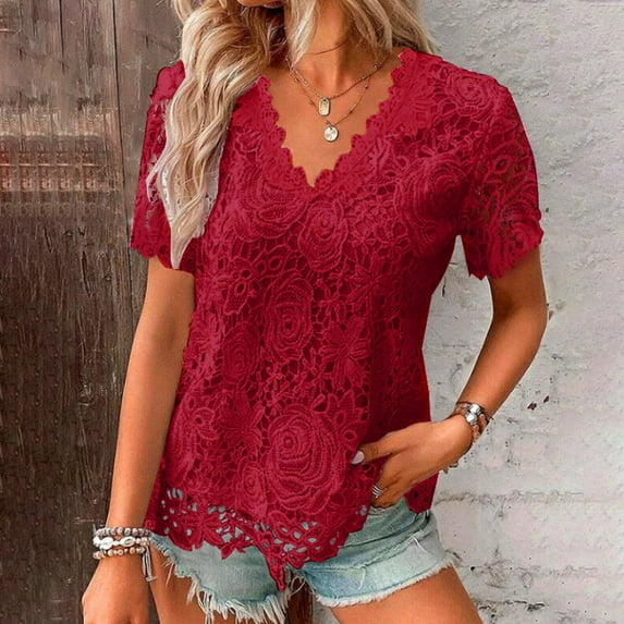 TYGHBN Women's Spring and Summer Solid Color Fashion V Neck Elegant Jacquard Short Sleeved T Shirt Casual Top Women Long Sleeve Running Summer Casual Tops for Women Short Sleeve Tees Women Woman Tee