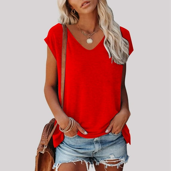 TYGHBN Women's Summer Fashion Casual V Neck Low Neckline Short Sleeved Solid Color Printed Loose T Shirt Top Women S T Shirts Women Loose Fit Athletic Tops Ladies Long Sleeve T Shirt Valentines Day