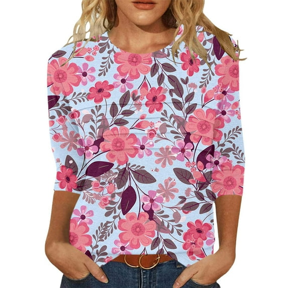 TYGHBN Women's T Shirts for Everyday Wear Comfortable Round Neck 3/4 Sleeve Printed Design Versatile Basic Style for All Seasons Pairs Well with Jeans Easy Care Instructions Blank Athletic Shirts