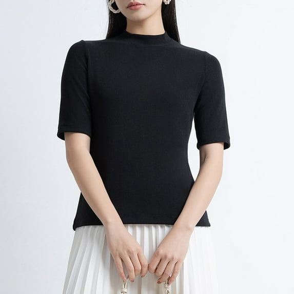 TYGHBN Women's Turtle Neck Slim Fit Half Elbow Short 3/4 Sleeve T Shirts Tight Tops Tee Small Tops Athletic Wear for Woman Thick Long Sleeve T Shirt Women Miss Long Sleeve Shirts for Women Spandex
