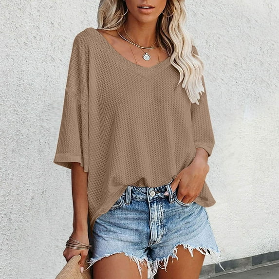 TYGHBN Women's V Neck Batwing Half Sleeved Shirt Knit Loose Shirt Solid Color Top Ladies Athletic Wear Womens Workout Casual Workout Tops Women Women Loose Tops Summer Womens Long Sleeve Cold Gear