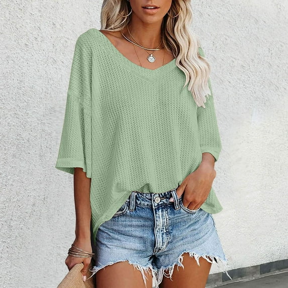 TYGHBN Women's V Neck Batwing Half Sleeved Shirt Knit Loose Shirt Solid Color Top Ladies Athletic Wear Womens Workout Casual Workout Tops Women Women Loose Tops Summer Womens Long Sleeve Cold Gear