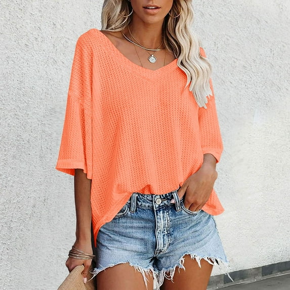 TYGHBN Women's V Neck Batwing Half Sleeved Shirt Knit Loose Shirt Solid Color Top Casual Tops Women Summer Womens Tee Tops Womens T Shirts for Summer Long Sleeve Polyester Shirt Women Womens T Shirts
