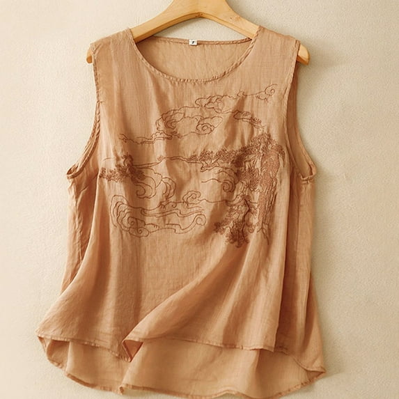 TYGHBN Women's Versatile and Comfortable Loose Crewneck Suspender and Linen Embroidered Top Tennis Shirt Women Compression Shirt Woman Summer Tops for Women Casual Casual T Shirt Top Plain Workout