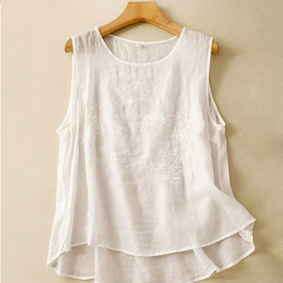 TYGHBN Women's Versatile and Comfortable Loose Crewneck Suspender and Linen Embroidered Top Tennis Shirt Women Compression Shirt Woman Summer Tops for Women Casual Casual T Shirt Top Plain Workout