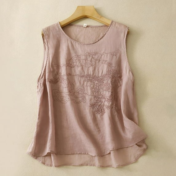 TYGHBN Women's Versatile and Comfortable Loose Crewneck Suspender and Linen Embroidered Top Tennis Shirt Women Compression Shirt Woman Summer Tops for Women Casual Casual T Shirt Top Plain Workout