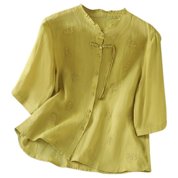 TYGHBN Women's Vintage Embroidered Linen T Shirt Loose Fit Stand Collar Casual Daily Wear Women Running T Shirt Valentines Day Shirts for Men Short Sleeved Shirts for Women Casual Athletic Tops for