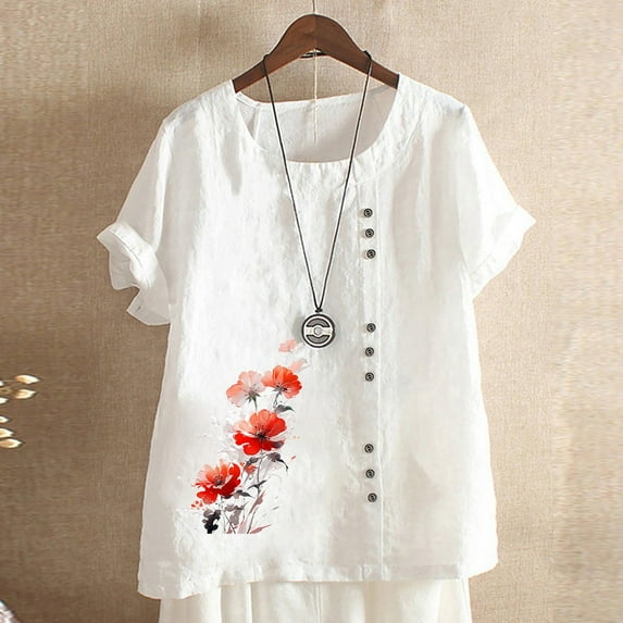 TYGHBN Women's Vintage and Linen Print Short Sleeved Loose Casual T Shirt Top Top Women Summer Women Stripe Shirt Women's Tee Shirts Athletic V Neck Shirts Women Football Shirt Women T Shirts for