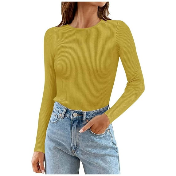 TYGHBN Women's and Winter Fashion Solid Color Long Sleeved Round Neck Shirt Ribbed Knitted Slim Casual Sweater Womens Tee Shirt Loose Solid Color Tops for Women Short Sleeve Med Womens Shirts Short