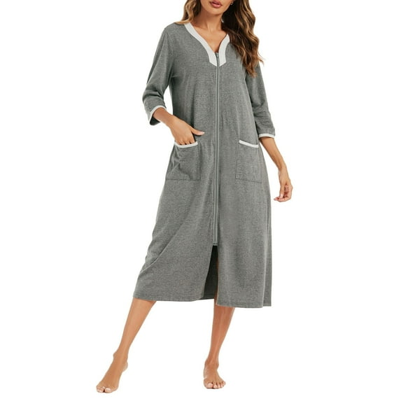TYGHBN Women's Zipper Front Robe 3/4 Sleeve Housecoat Calf Length Casual Nightgown Loose Bathrobe with Pockets Comfy Night Shirts Women Summer Gowns Women Sleepwear Women Sleep Summer plus Size Night