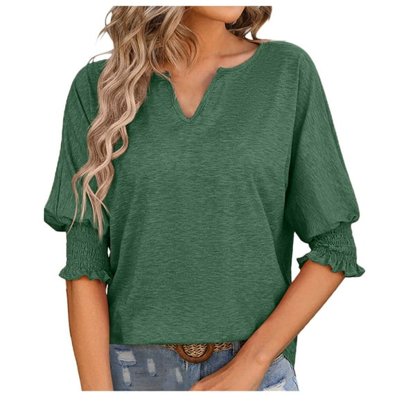 TYGHBN Womens Crew V Neck 3/4 Sleeve Tops Loose Fit Shirts Casual Solid Basic Tees Shirt Blouses Womens Long Sleeve Tees Long Sleeve The Shirt Shirt Athletic Women Womens Summer Shirts Loose Fit
