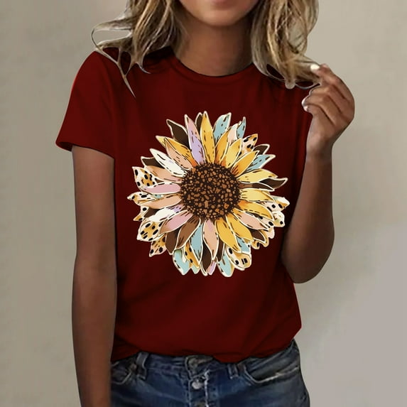 TYGHBN Womens Fashionable Sunflower Printed Round Neck Short Sleeved Sports Casual T Shirt Long Sleeved Shirts Womens Women Plain Long Sleeve Shirts Neck Tee Shirt Casual Shirts Women Loose Workout