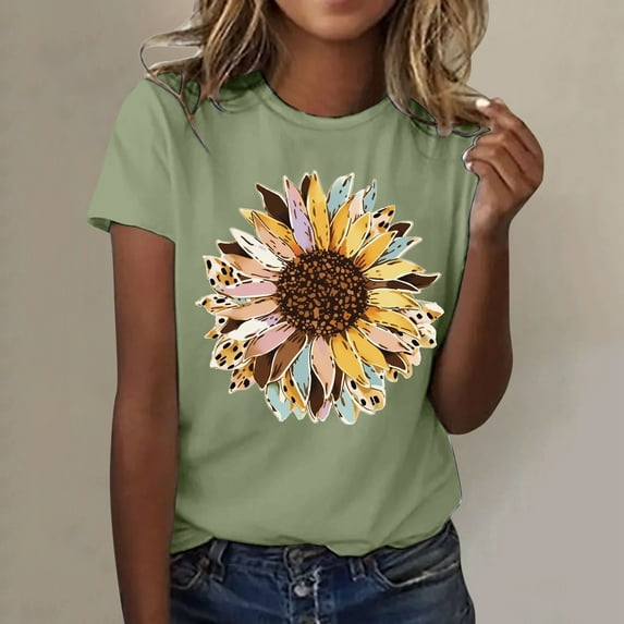 TYGHBN Womens Fashionable Sunflower Printed Round Neck Short Sleeved Sports Casual T Shirt Long Sleeved Shirts Womens Women Plain Long Sleeve Shirts Neck Tee Shirt Casual Shirts Women Loose Workout