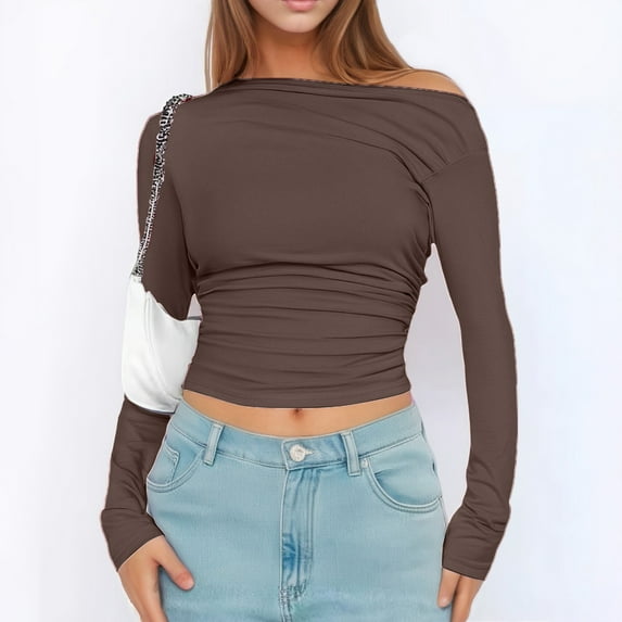 TYGHBN Womens Long Sleeve Off The Shoulder Casual Crop Tops Boat Neck Going Out Slim Fit T Shirts Shirks for Women Long Sleeved Shirts Womens Women Workout Shirts Women Sports T Shirt Womens Active