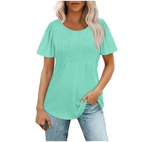 TYGHBN Womens T Shirts Short Sleeve Pleated Dressy Casual Neck Summer Tops Blouses Women Athletic T Shirts Ladies Long Sleeve Shirts Striped Short Sleeve Womens Raglan Top Womens Long Sleeve