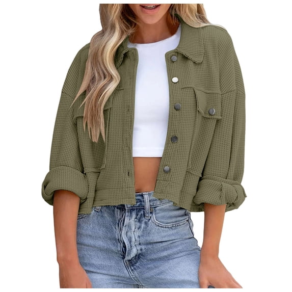 TYGHBN Womens Western Jacket Womens Casual Cropped Jackets Button Down Long Sleeve Shirts Jacket with Pockets Casual Jackets for Women for Winter Fuzzy Zip up Hoodie Women Knit Sweatshirt Band Tees