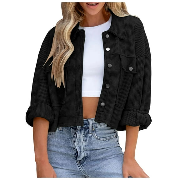 TYGHBN Womens Western Jacket Womens Casual Cropped Jackets Button Down Long Sleeve Shirts Jacket with Pockets Casual Jackets for Women for Winter Fuzzy Zip up Hoodie Women Knit Sweatshirt Band Tees