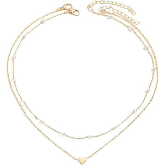 TYHLZJ Simple Pearl Choker Necklaces for Women Fashion Double Layer Chain Small Love Heart Pendant Necklace Jewelry Gift Wholesale,gold