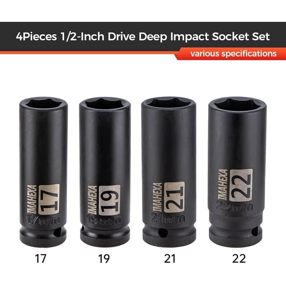 TYHREF-1/2" Drive Deep Large Impact Socket Set, 4-Piece Spindle Axle Nut Metric 6 Point Sockets Set, Metric Sizes(17,19,21,22mm),CO-MO Meterial