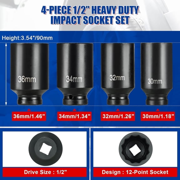 TYHREF-1/2" Drive Deep Spindle Axle Nut Impact Socket Set, 12 Point Metric 30mm 32mm 34mm 36mm Drive Spindle Axle Hub Nut Socket Set, CR-MO, 4-Piece 1/2" Heavy Duty Impact Socket Set