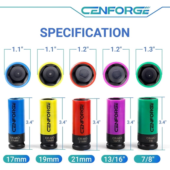 TYHREF-1/2" Drive Lug Nut Socket Set, Metric 17 19 21 mm & SAE 13/16 7/8 in. Wheel Socket Set, 5-PC Impact Lug Nut Socket Set, Thin Wall Lug Nut Socket with Colored Protective Covers