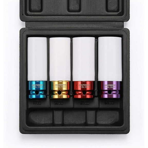 TYHREF-1/2" Drive Wheel Protector Impact Socket, 4 pcs Thin Wall Deep Impact Socket Set, Durable Plastic Sleeve Lug Nut Socket, 6 Point, Metric, 17mm,19mm,21mm,22mm