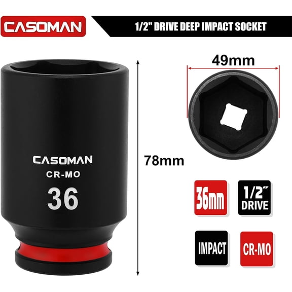 TYHREF-1/2" Drive x 36mm Deep Impact Socket, 6-Point, Metric, CR-MO