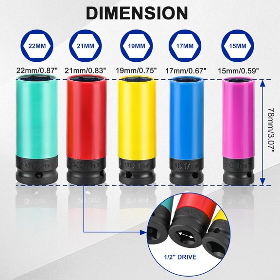 TYHREF-1/2 Inch Drive Wheel Protector Impact Socket Set, 5PCS Impact Lug Nut Socket Set 6 Point Non-Marring Thin Wall Wheel Protector Nut Socket, Color-Coded Metric 15 17 19 21 22mm