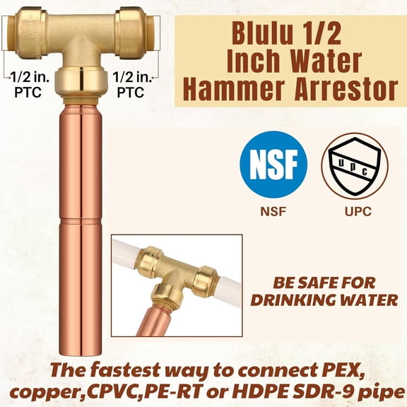 TYHREF-1/2 Inch Water Hammer Arrestor, Push to Connect Brass Plumbing Fittings, PEX Pipe, Copper, CPVC, PE-RT, HDPE for Faucet Dishwasher Washer Plumbing Connection Stop Hammering Reduce Banging Nois