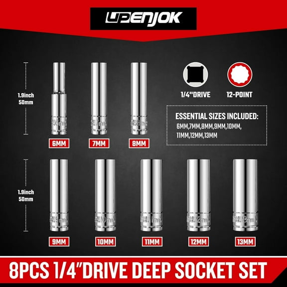 TYHREF-1/4 Inch Drive 12-Point Metric Socket Set, 8-Piece Deep Well Socket Set, CR-V Steel Tool Set, Sizes(6mm, 7mm, 8mm, 9mm, 10mm, 11mm, 12mm, 13mm)