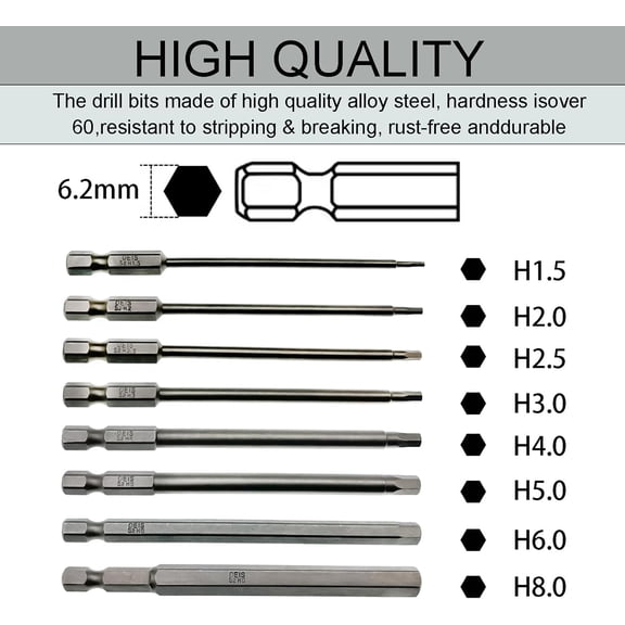 TYHREF-1/4" RC Hex Driver Bits 1.5mm 2mm 2.5mm 3mm 4mm 5mm 6mm 8mm Hex Head Allen Wrench Drill Bits Set for Screwdrivers Electric Screwgun/Power Drill(8PCS)