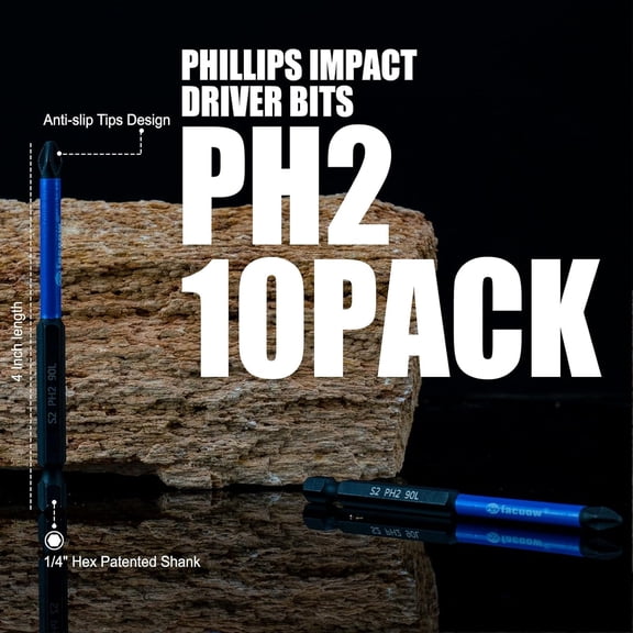 TYHREF-10 Pack Phillips Impact Driver Bits, #2 Phillips Head Magnetic Screwdriver Bits Set, 3.5Inch S2 Alloy Steel Impact Bits, 1/4" Hex Shank Screwdriver Drill Bit, CNC Machined ph2 Impact Drill Bit
