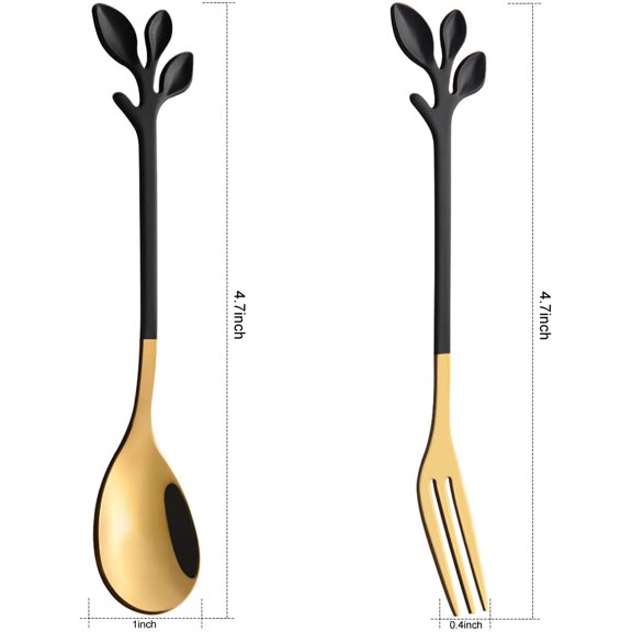 TYHREF-10-Pc Black & Gold Mini Spoons & Forks Set, 4.7" Leaf Handle - Stainless Steel, Ideal for Coffee,Tea, Appetizers, Tastings, Parties, Charcuterie & Cocktails