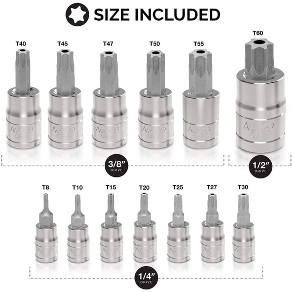 TYHREF-10073A Tamper Proof Torx Bit Socket Set |13-Piece | S2 Steel Bits & Cr-V Steel Sockets | TT8 TT60