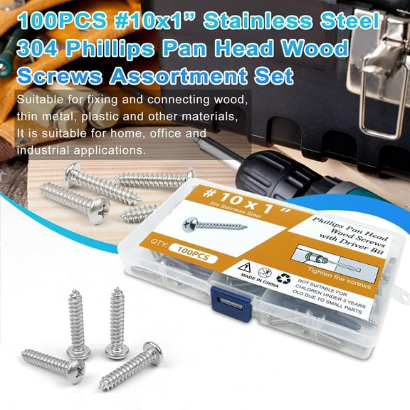 TYHREF-100PCS #10 x 1 Wood Screws, Pan Head Stainless Steel Sheet Metal Screws, Fast Self Tapping Screws for Deck Drywall Concrete Screws with Screwdriver Bit
