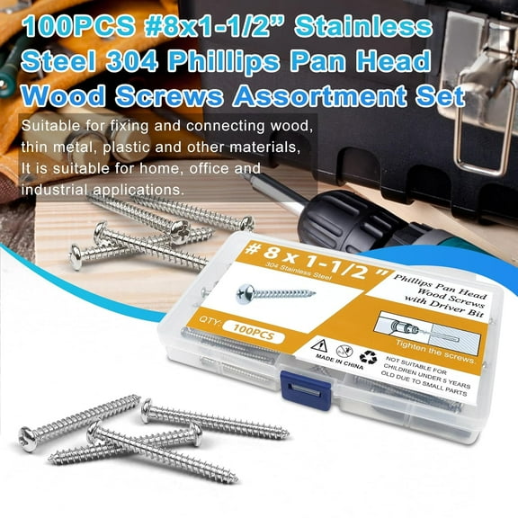 TYHREF-100PCS #8 x 1-1/2" Wood Screws, Pan Head Stainless Steel Sheet Metal Screws, Fast Self Tapping Screws for Deck Drywall Concrete Screws with Screwdriver Bit