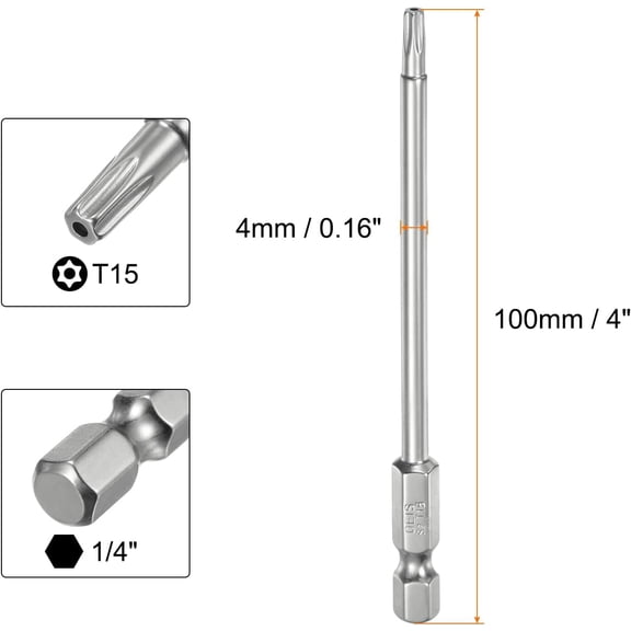 TYHREF-10pcs T15 Security Torx Bit 1/4" Hex Shank 4" Long S2 Steel Magnetic Tamper Resistant Star Bits Screwdriver Torx Head with Hole for Driver Drill Bits Remove Fastening Screws