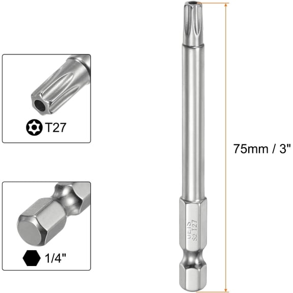 TYHREF-10pcs T27 Security Torx Bit 1/4" Hex Shank 3" Long S2 Steel Magnetic Tamper Resistant Star Bits Screwdriver Torx Head with Hole for Driver Drill Bits Remove Fastening Screws