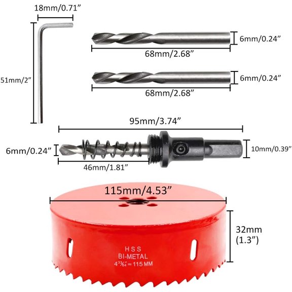 TYHREF-115mm/4.5 inch Hole Saw Bi-Metal Saw Drilling Tool with Twist Drill Bit & L Hex Wrench for Cornhole Boards Wood Plasterboard Plywood Plastic