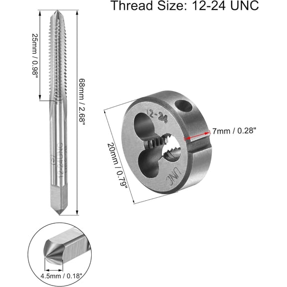 TYHREF-12-24 UNC Tap and Die Set with 20mm Round Die Stock Handle Wrench, High Speed Steel Machine Thread Tap and Round Die Threading Tool