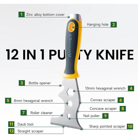 TYHREF-12-In-1 Putty knife, Paint Scraper Tool, Stainless Steel Paint Scraper, 2 packs, Metal Scraper for Cleaning Paint Rollers, Hammers, Removing Wall Cracks