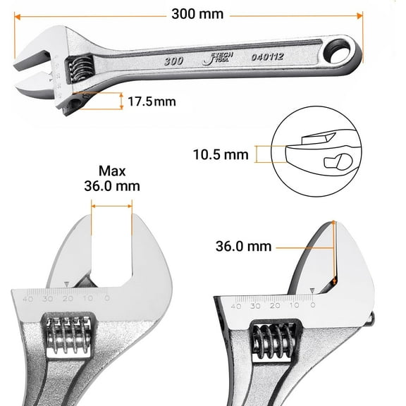 TYHREF-12-Inch Adjustable Wrench - Professional Heavy Duty Chrome Vanadium Steel Shifter Spanner with Inch/Metric Scale Wide Caliber Opening