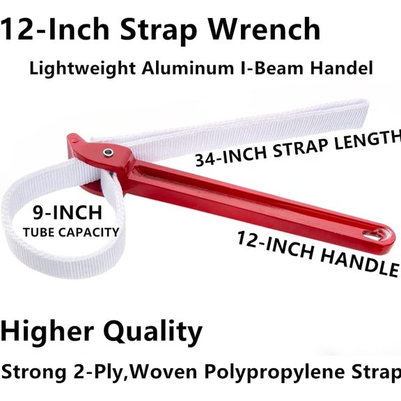 TYHREF-12 Inch Handle Strap Wrench, Adjustable Anti-sliding Pipe Wrench, Oil Filter Strap Wrench, Double Layered Thickened Nylon Strap (Red)