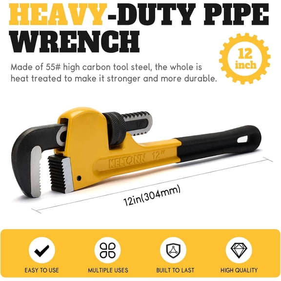 TYHREF-12 Inch Heavy Duty Adjustable Pipe Wrench, Forged High Carbon Steel with Non-Slip Jaw, Durable Plumbing Tool for Pipe Repair & Installation