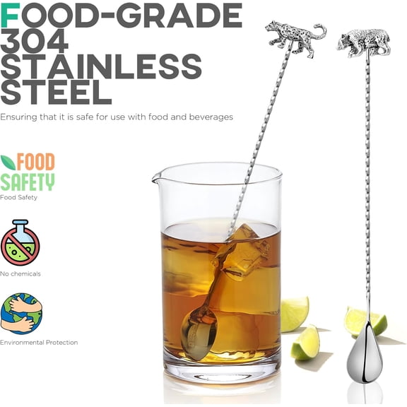 TYHREF-12-Inch Stainless Steel Cocktail Spoon with Leopard Bear Handle - Perfect for Mixing & Layering Drinks in Tall Cups, Bar & Shakers - Durable Long Handle Bar Stirrer (Set of 2)