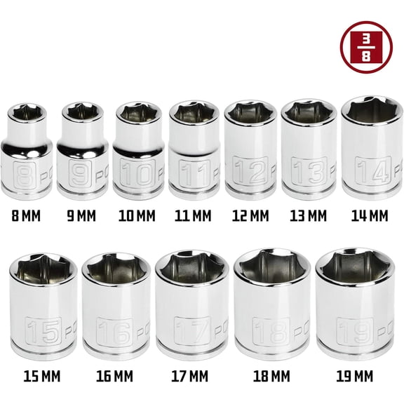 TYHREF-12 Pc. 3/8 Inch Drive Metric Socket Set  6 Point Shallow Sockets 8-19mm, Chrome Vanadium Steel with Mirror Finish, Easy-Read Markings, Z-Drive Grip, Includes Metal Socket Rail  645008