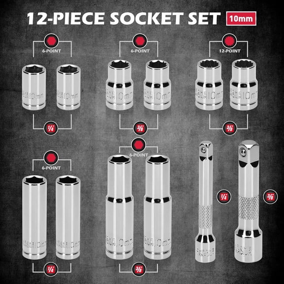 TYHREF-12-Piece 1/4" & 3/8" Drive 10mm Socket Set with 3-inch 3/8 & 1/4 Extension Bars | Deep & Shallow Mirror Finish Socket Set | Magnetic Storage Rail | Cr-V | 6 Point & 12 Point (13 Pack)