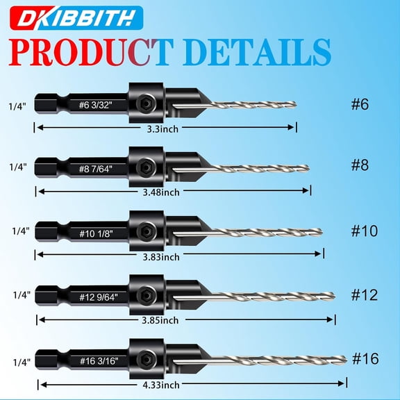 TYHREF-12-Piece Countersink Drill Bit Set with 5 Spare Bits, 2 Limit Rings, 1 Hex Key, 2 Screws & Case - 3-in-1 Wood Countersink Bit for #6#8#10#12#16 Screws, 82Chamfer, Depth Adjustable.