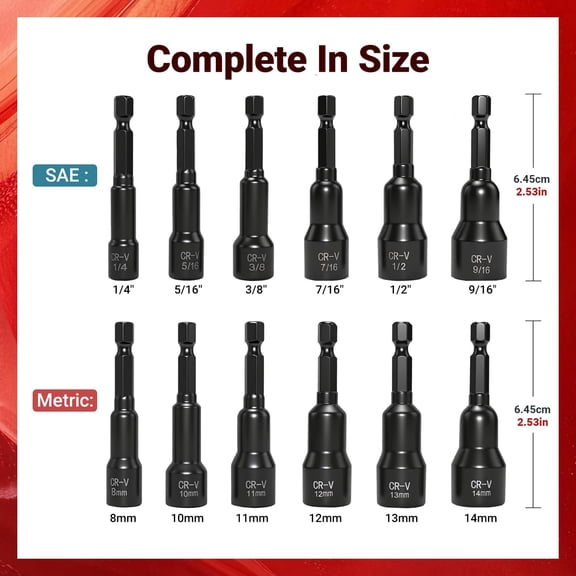TYHREF-12-Piece Magnetic Nut Driver Set,Impact Power Hex Nut Driver Drill Bit Master Kit, SAE(1/4"-9/16") & Metric(8mm-14mm) Size, 1/4 Quick Install & Release, Cr-V Steel
